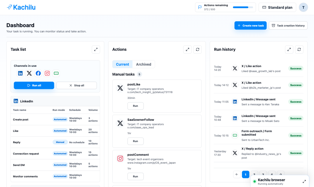 Kachilu dashboard showing task list, actions, run history, and campaign context.